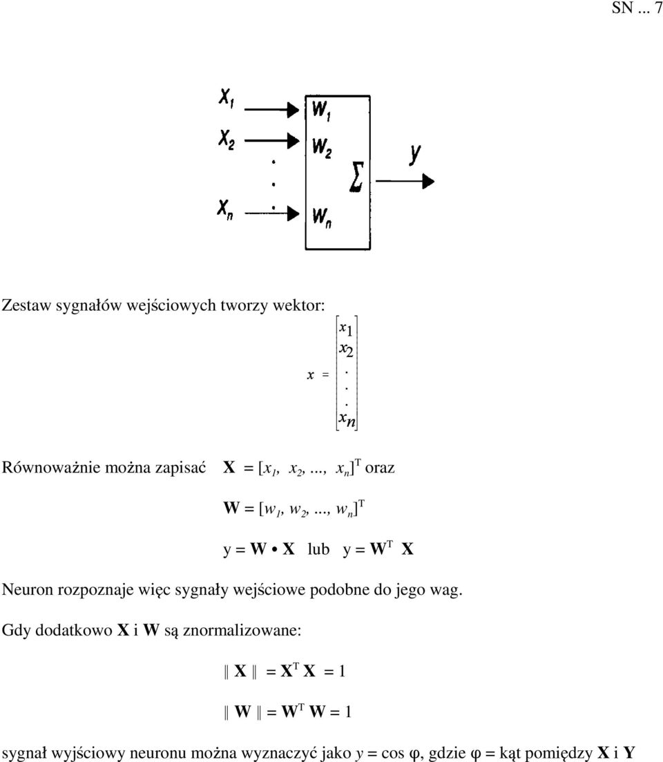 .., w n ] T y = W C X lub y = W T X Neuron rozpoznaje wi c sygna»y wejñciowe podobne do jego wag.