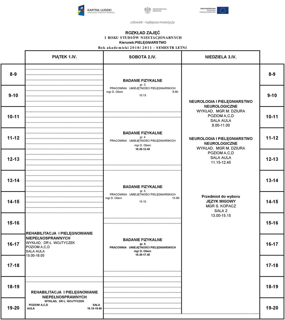 45 WYKŁAD, MGR M. DZIURA 11.15-12.45 gr. 5 13.00-15.
