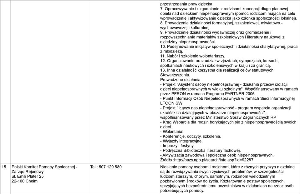 lokalnej). 8. Prowadzenie działalności formacyjnej, szkoleniowej, oświatowo - wychowawczej i kulturalnej. 9.