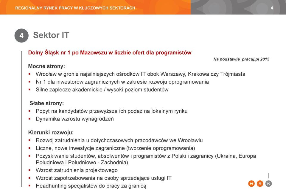 poziom studentów Słabe strony: Popyt na kandydatów przewyższa ich podaż na lokalnym rynku Dynamika wzrostu wynagrodzeń Kierunki rozwoju: Rozwój zatrudnienia u dotychczasowych pracodawców we Wrocławiu