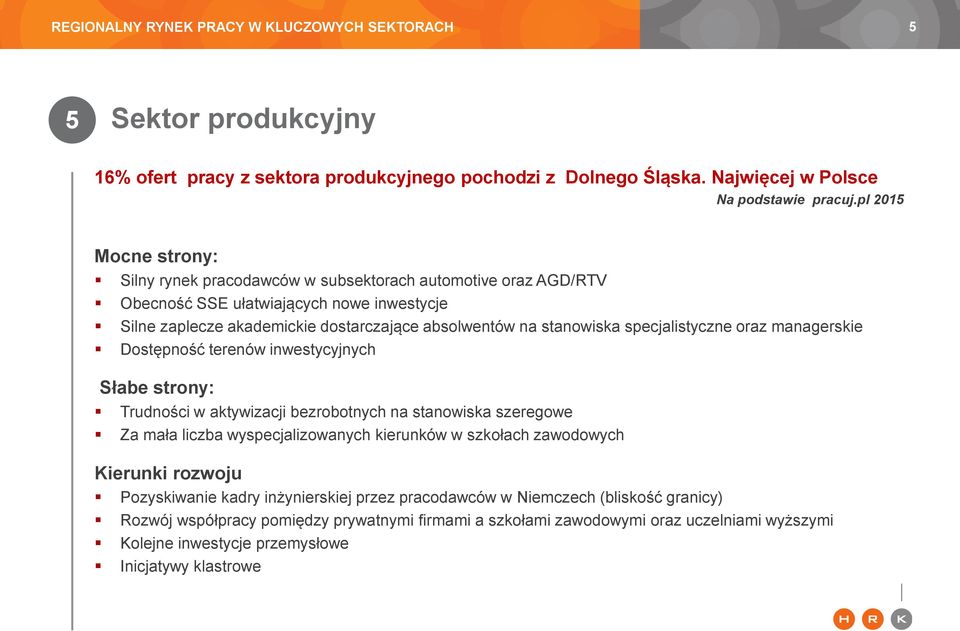 stanowiska specjalistyczne oraz managerskie Dostępność terenów inwestycyjnych Słabe strony: Trudności w aktywizacji bezrobotnych na stanowiska szeregowe Za mała liczba wyspecjalizowanych