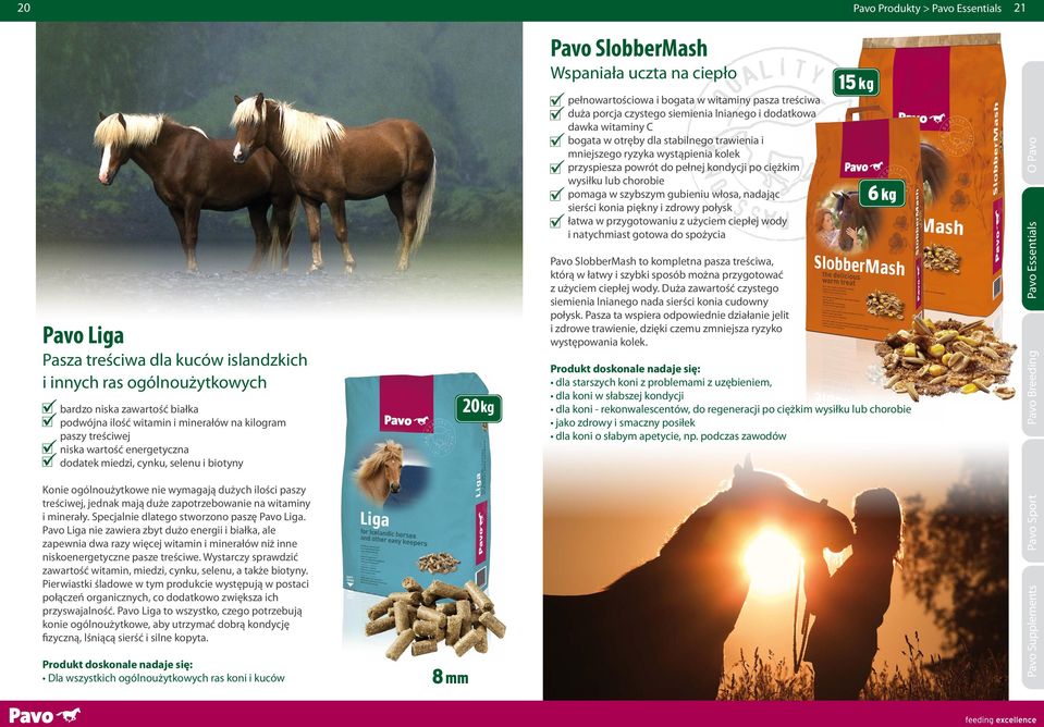 Specjalnie dlatego stworzono paszę Pavo Liga. Pavo Liga nie zawiera zbyt dużo energii i białka, ale zapewnia dwa razy więcej witamin i minerałów niż inne niskoenergetyczne pasze treściwe.