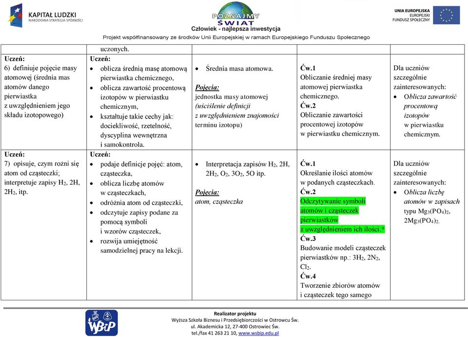 oblicza średnią masę atomową pierwiastka chemicznego, oblicza zawartość procentową izotopów w pierwiastku chemicznym, kształtuje takie cechy jak: dociekliwość, rzetelność, dyscyplina wewnętrzna i