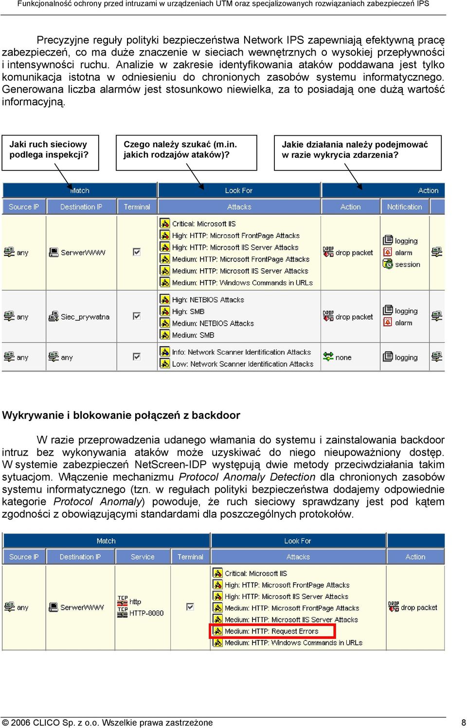 Generowana liczba alarmów jest stosunkowo niewielka, za to posiadają one dużą wartość informacyjną. Jaki ruch sieciowy podlega inspekcji? Czego należy szukać (m.in. jakich rodzajów ataków)?