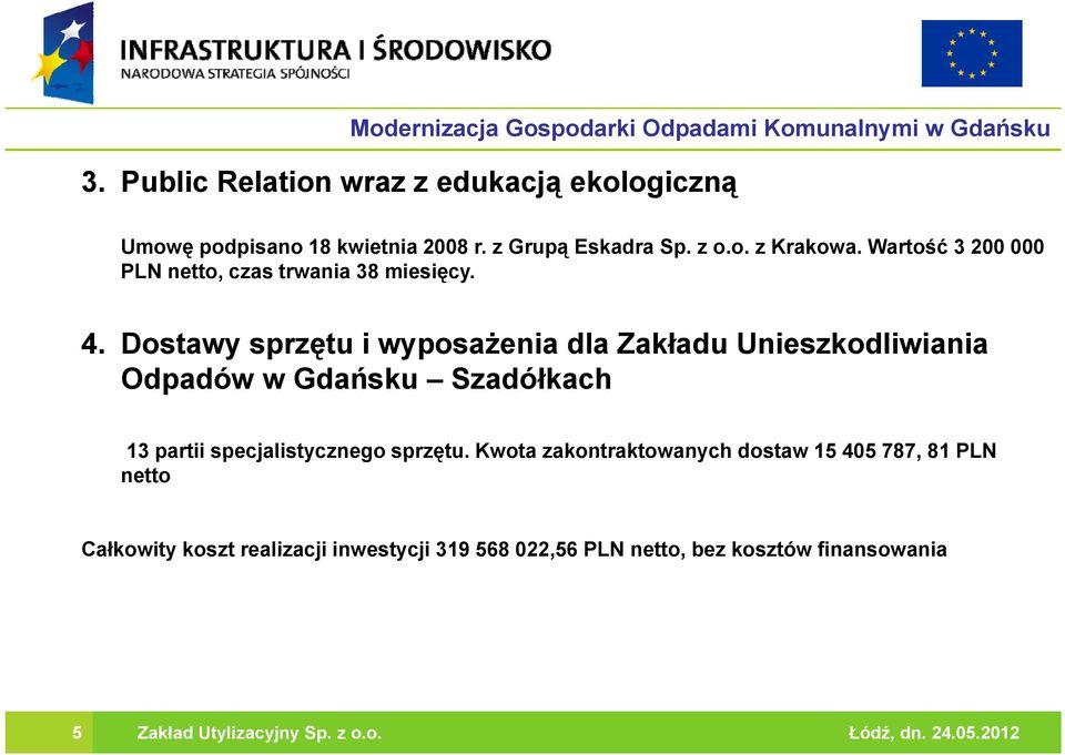 Dostawy sprzętu ę i wyposażenia dla Zakładu Unieszkodliwiania Odpadów w Gdańsku Szadółkach 13 partii specjalistycznego sprzętu.