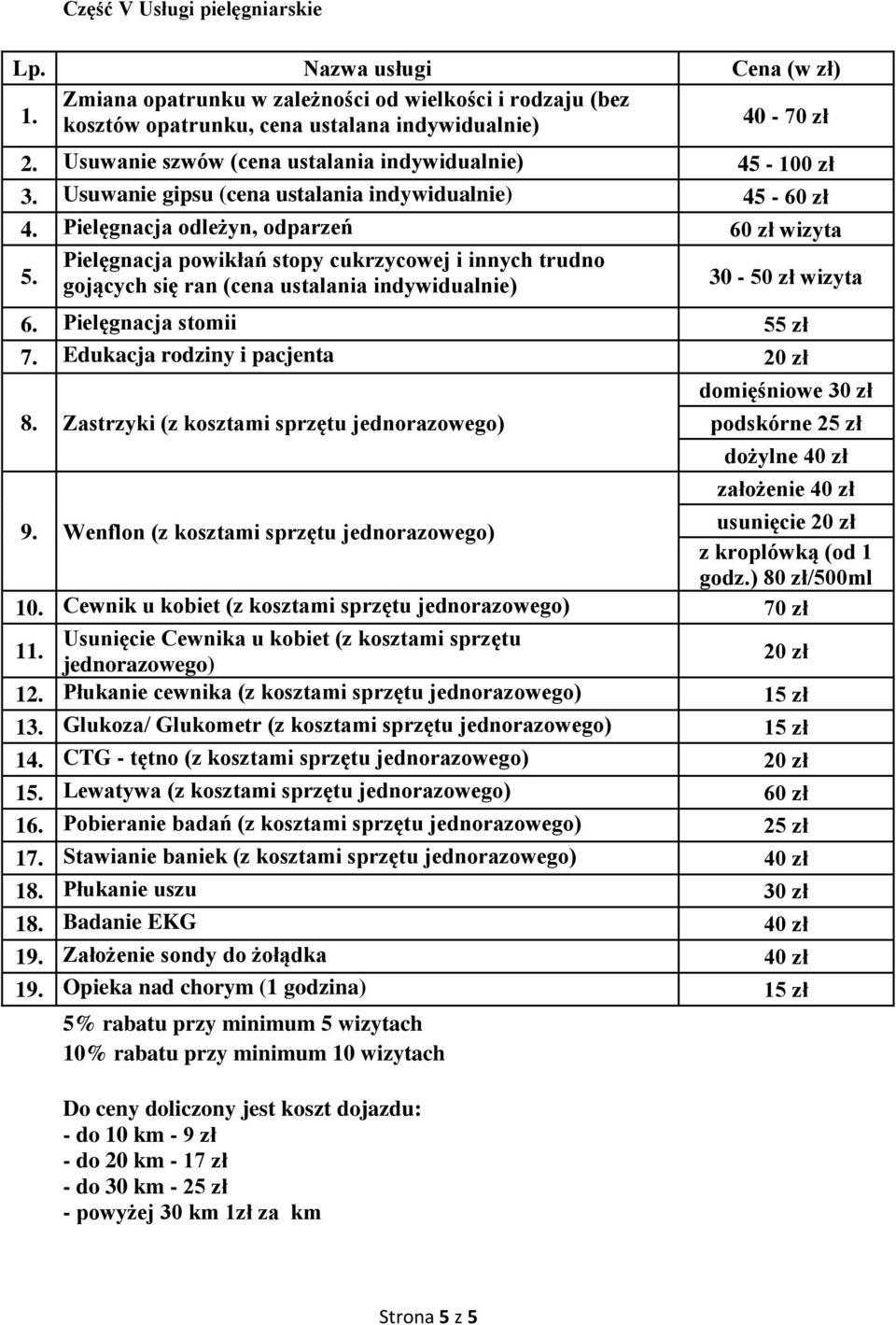 Pielęgnacja powikłań stopy cukrzycowej i innych trudno gojących się ran (cena ustalania indywidualnie) 30-50 zł wizyta 6. Pielęgnacja stomii 55 zł 7. Edukacja rodziny i pacjenta 20 zł 8.