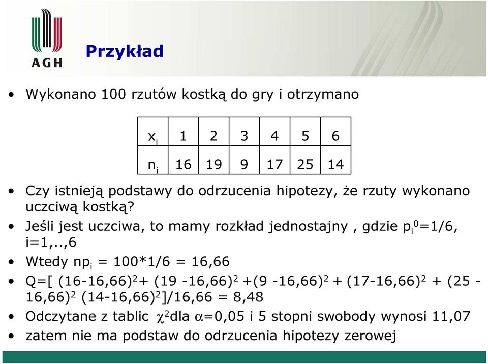 Jeśli jest uczciwa, to mamy rozkład jedostajy, gdzie p i0 =1/6, i=1,.