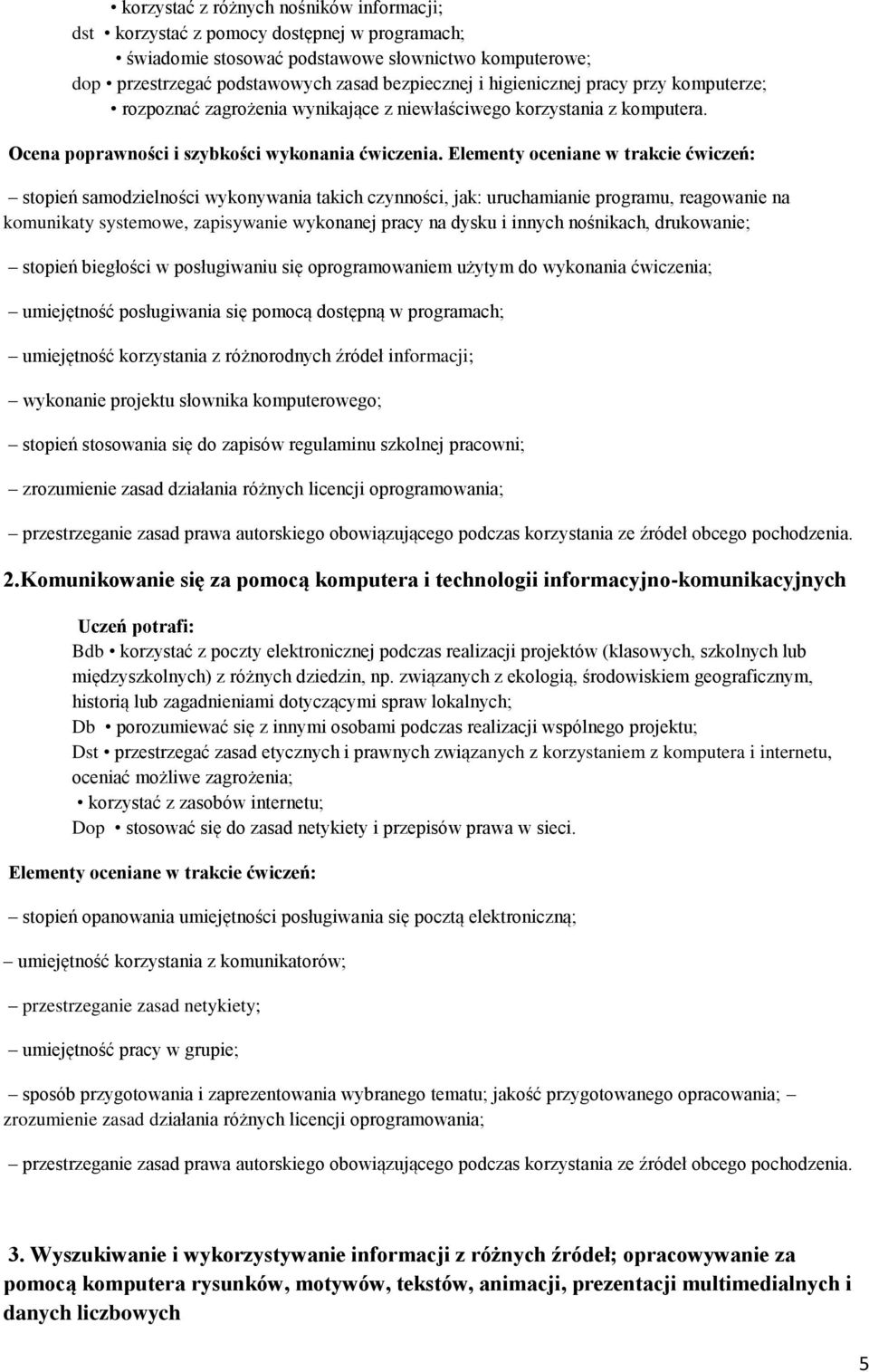 Elementy oceniane w trakcie ćwiczeń: stopień samodzielności wykonywania takich czynności, jak: uruchamianie programu, reagowanie na komunikaty systemowe, zapisywanie wykonanej pracy na dysku i innych