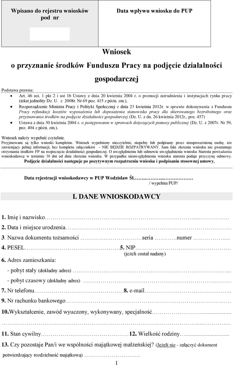 ), Rozporządzenie Ministra Pracy i Polityki Społecznej z dnia 23 kwietnia 2012r.