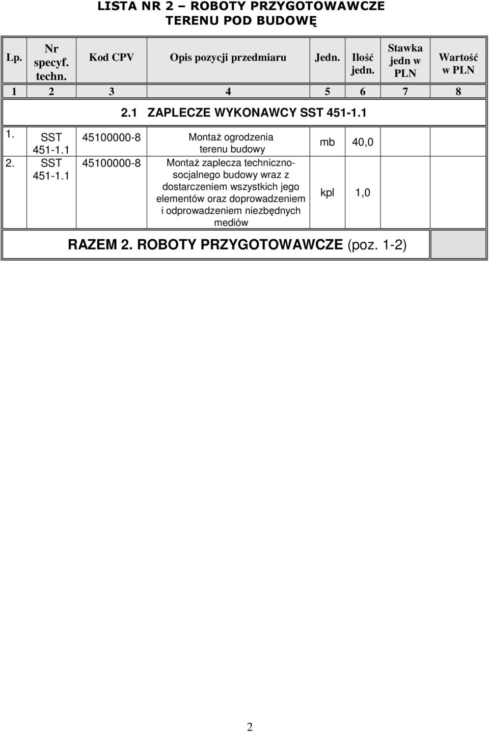 1 45100000-8 Montaż ogrodzenia terenu budowy 45100000-8 Montaż zaplecza technicznosocjalnego budowy wraz z