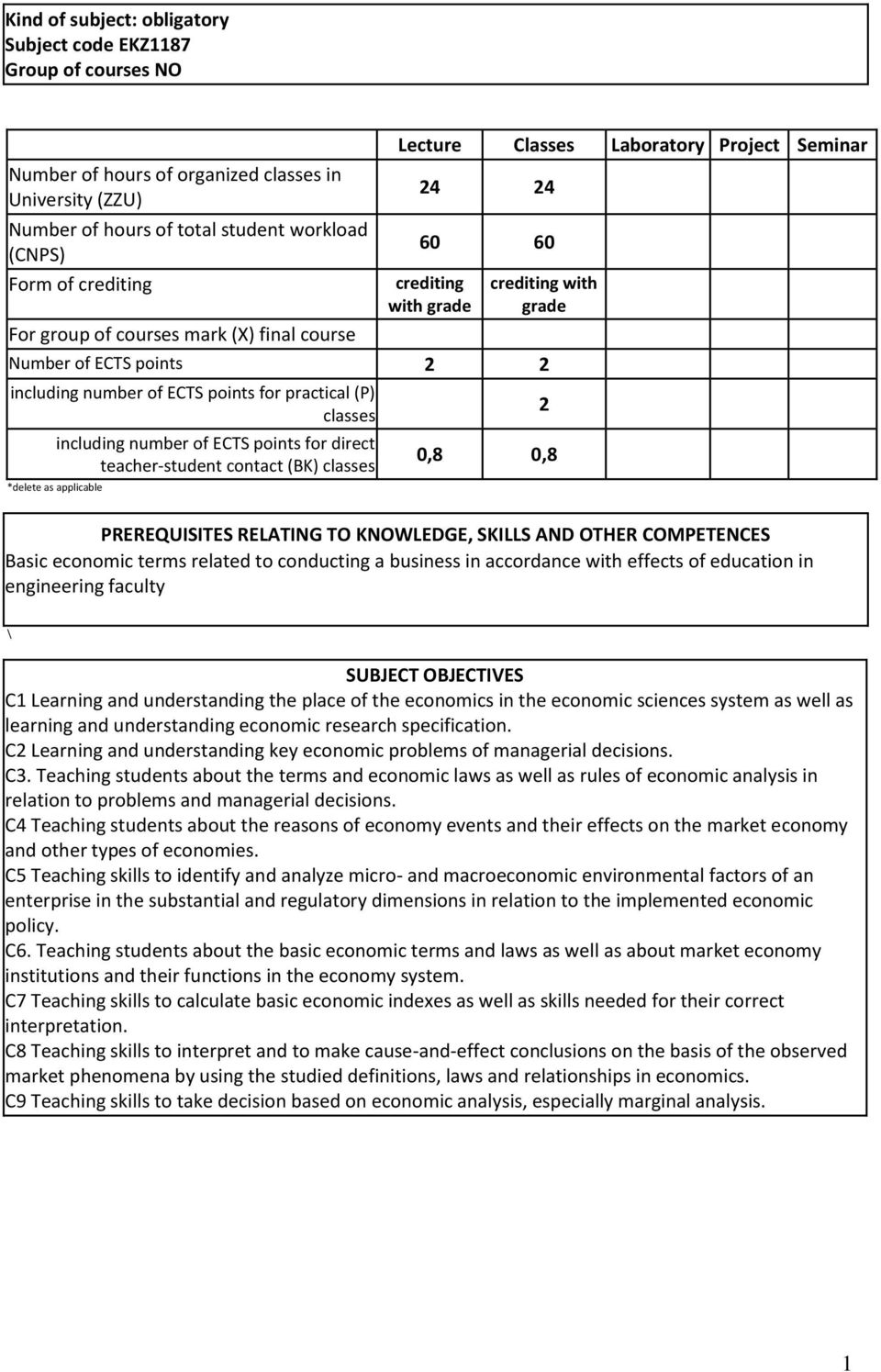 practical (P) classes *delete as applicable including number of ECTS points for direct teacher-student contact (BK) classes 0,8 0,8 PREREQUISITES RELATING TO KNOWLEDGE, SKILLS AND OTHER COMPETENCES