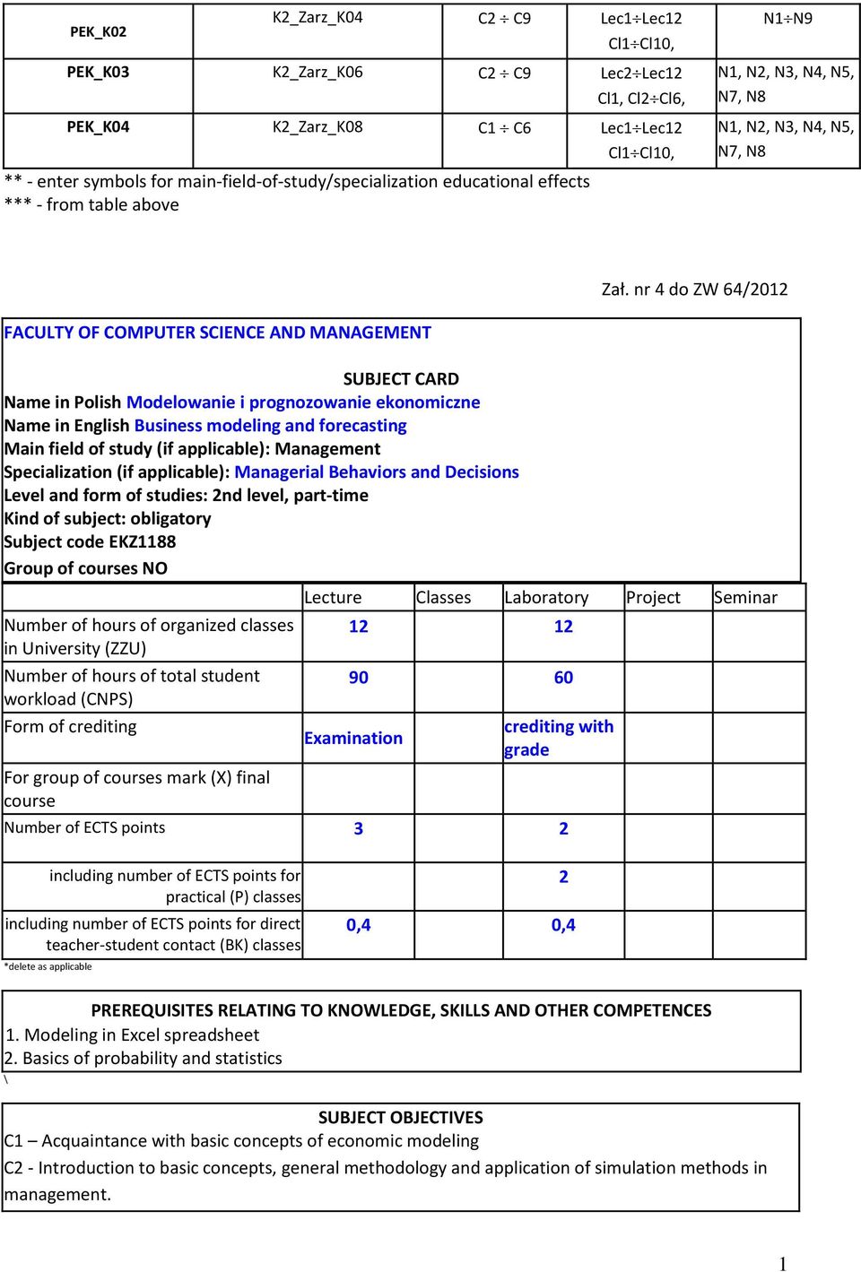 nr 4 do ZW 64/0 FACULTY OF COMPUTER SCIENCE AND MANAGEMENT SUBJECT CARD Name in Polish Modelowanie i prognozowanie ekonomiczne Name in English Business modeling and forecasting Main field of study