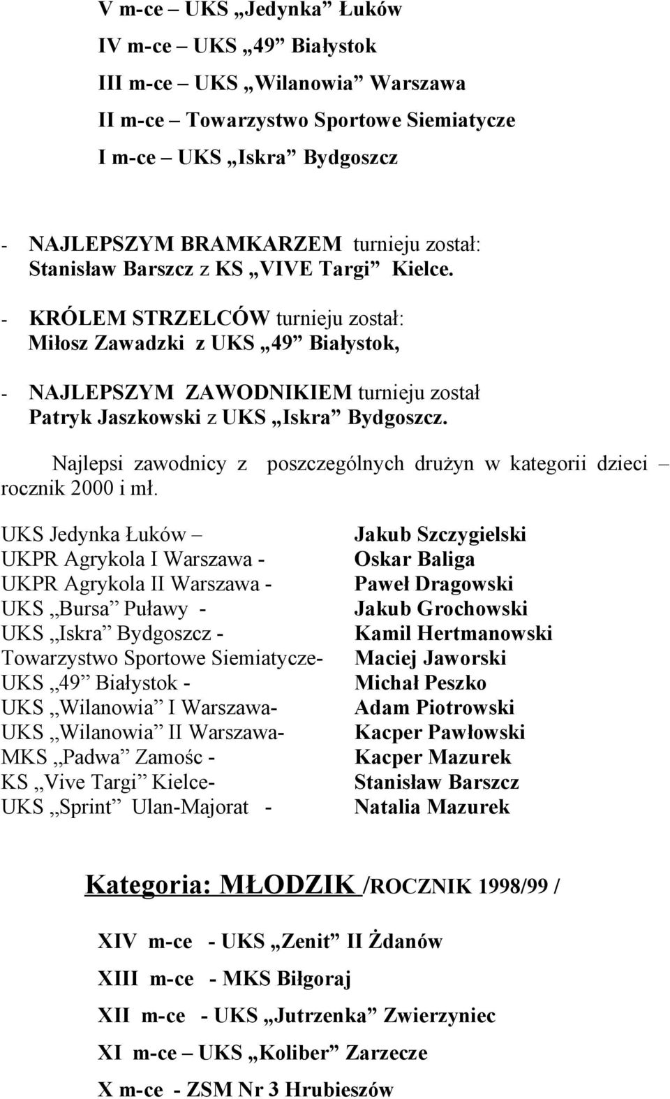 Najlepsi zawodnicy z poszczególnych drużyn w kategorii dzieci rocznik 2000 i mł.