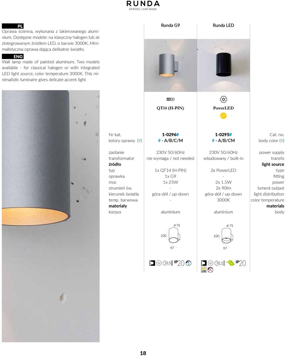 This minimalistic luminaire gives delicate accent light Runda G9 Runda QT14 (HPIN) Power Nr kat. kolory oprawy (#) 10296# # A/B/C/M 10295# # A/B/CM Cat. no.