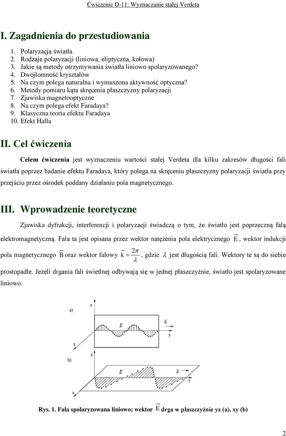 Na czym polega efekt Faradaya? 9. Klasyczna teoria efektu Faradaya 10. Efekt Halla II.