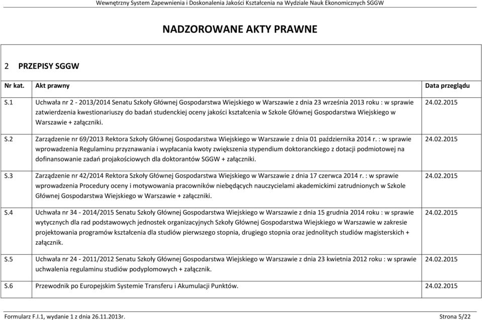 kształcenia w Szkole Głównej Gospodarstwa Wiejskiego w Warszawie + załączniki. S.2 Zarządzenie nr 69/2013 Rektora Szkoły Głównej Gospodarstwa Wiejskiego w Warszawie z dnia 01 października 2014 r.