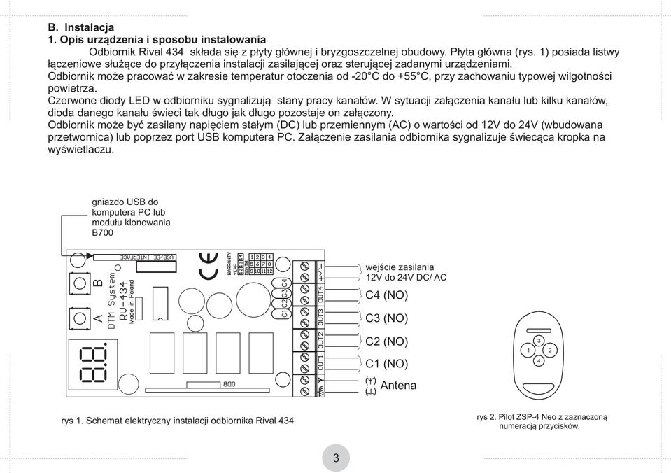 Odbiornik może pracować w zakresie temperatur otoczenia od -20 C do +55 C, przy zachowaniu typowej wilgotności powietrza. Czerwone diody LED w odbiorniku sygnalizują stany pracy kanałów.
