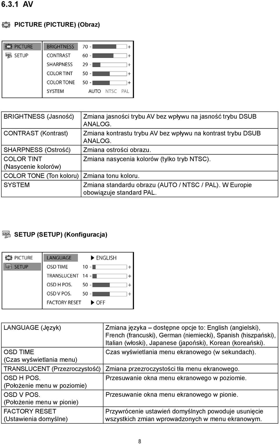 (Nasycenie kolorów) COLOR TONE (Ton koloru) Zmiana tonu koloru. SYSTEM Zmiana standardu obrazu (AUTO / NTSC / PAL). W Europie obowiązuje standard PAL.