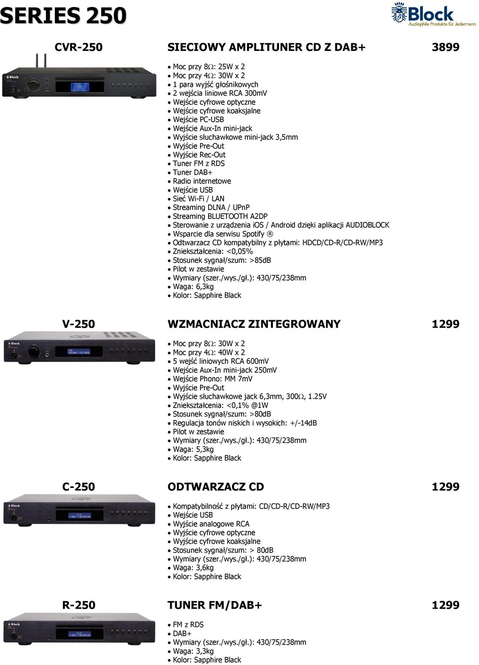 2 Moc przy 4 : 40W x 2 5 wejść liniowych RCA 600mV 250mV Wejście Phono: MM 7mV Wyjście słuchawkowe jack 6,3mm, 300, 1.