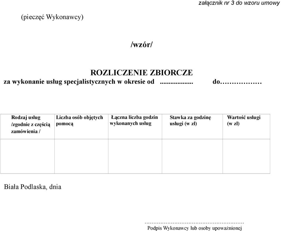 .. do Rodzaj usług /zgodnie z częścią zamówienia / Liczba osób objętych pomocą Łączna