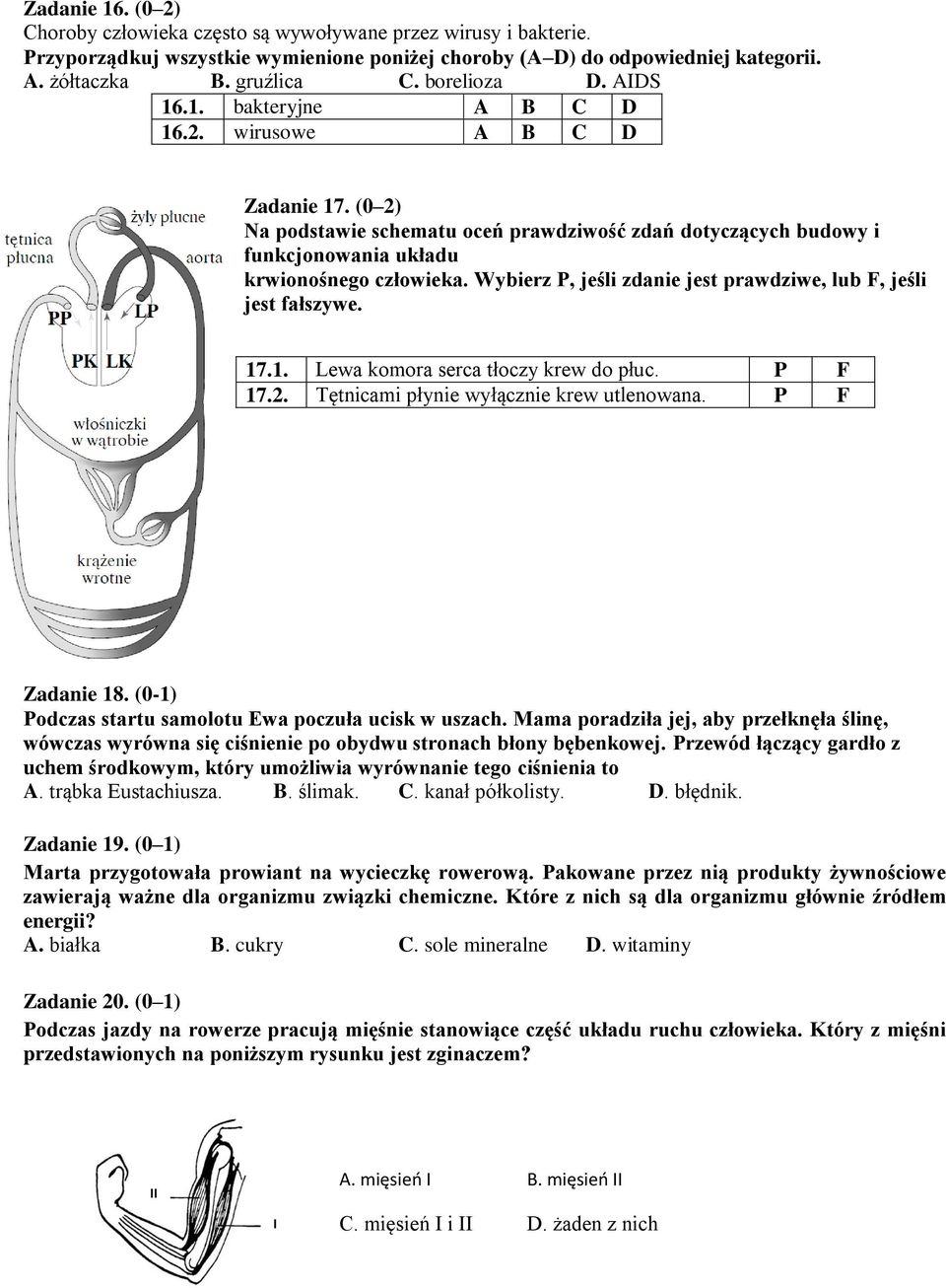 Wybierz P, jeśli zdanie jest prawdziwe, lub F, jeśli jest fałszywe. 17.1. Lewa komora serca tłoczy krew do płuc. P F 17.2. Tętnicami płynie wyłącznie krew utlenowana. P F Zadanie 18.