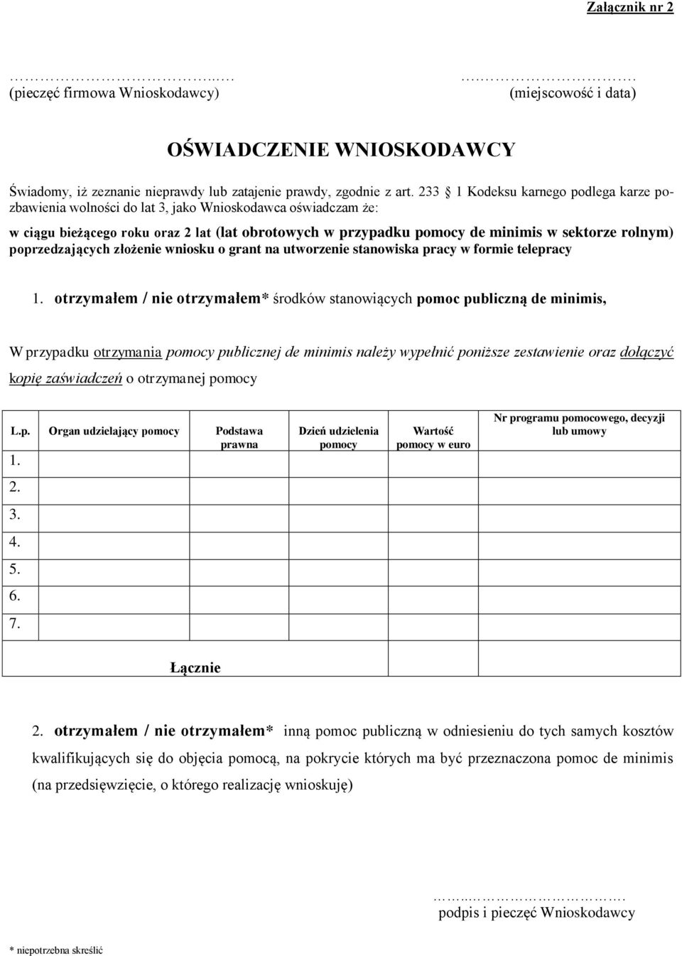 poprzedzających złożenie wniosku o grant na utworzenie stanowiska pracy w formie telepracy 1.