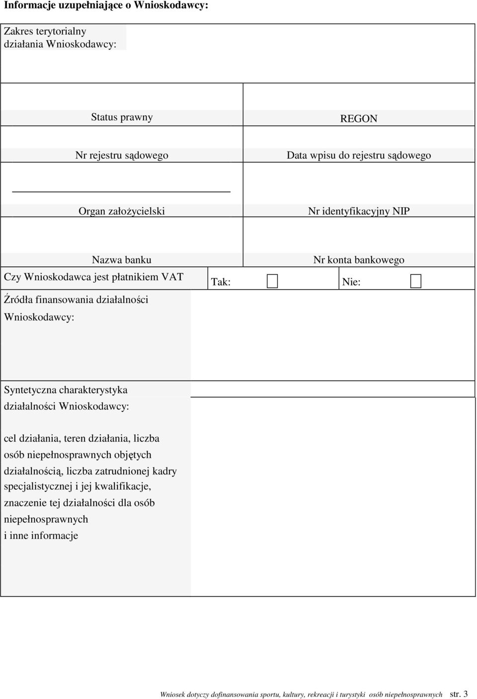 Nie: Syntetyczna charakterystyka działalności Wnioskodawcy: cel działania, teren działania, liczba osób niepełnosprawnych objętych działalnością, liczba zatrudnionej kadry