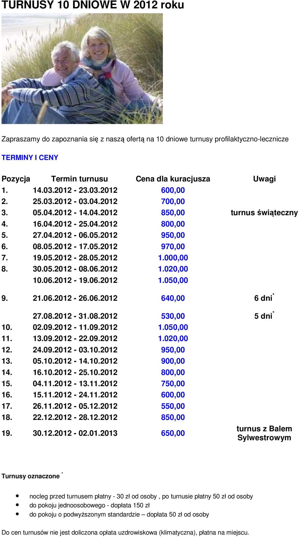 19.05.2012-28.05.2012 1.000,00 8. 30.05.2012-08.06.2012 1.020,00 10.06.2012-19.06.2012 1.050,00 9. 21.06.2012-26.06.2012 640,00 6 dni * 27.08.2012-31.08.2012 530,00 10. 02.09.2012-11.09.2012 1.050,00 11.