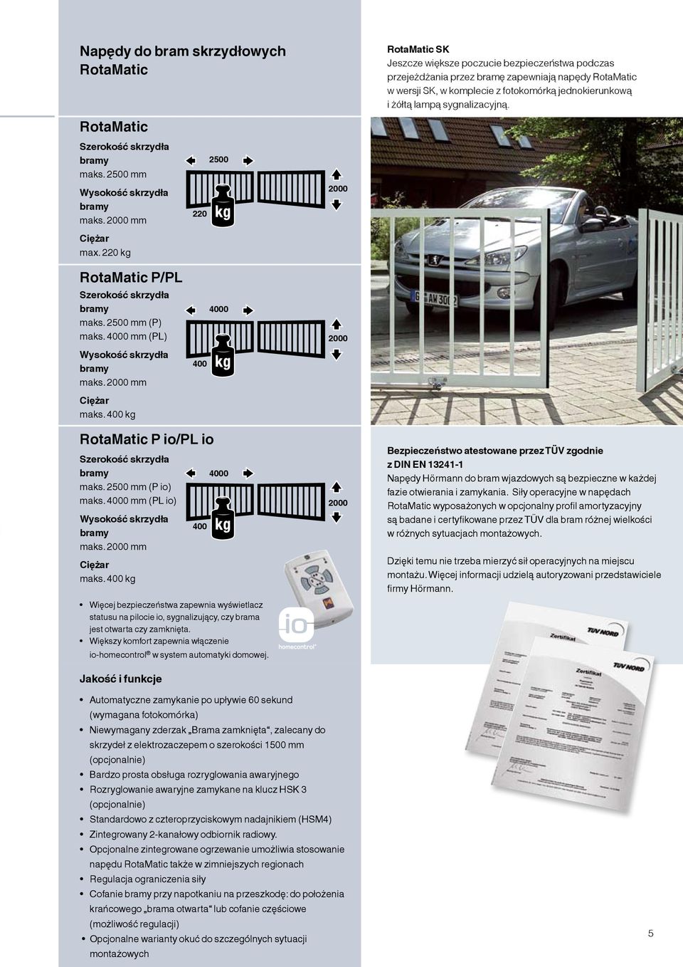 lampą sygnalizacyjną. RotaMatic P/PL Szerokość skrzydła bramy maks. 2500 mm (P) maks. 4000 mm (PL) Wysokość skrzydła bramy maks. 2000 mm Ciężar maks.