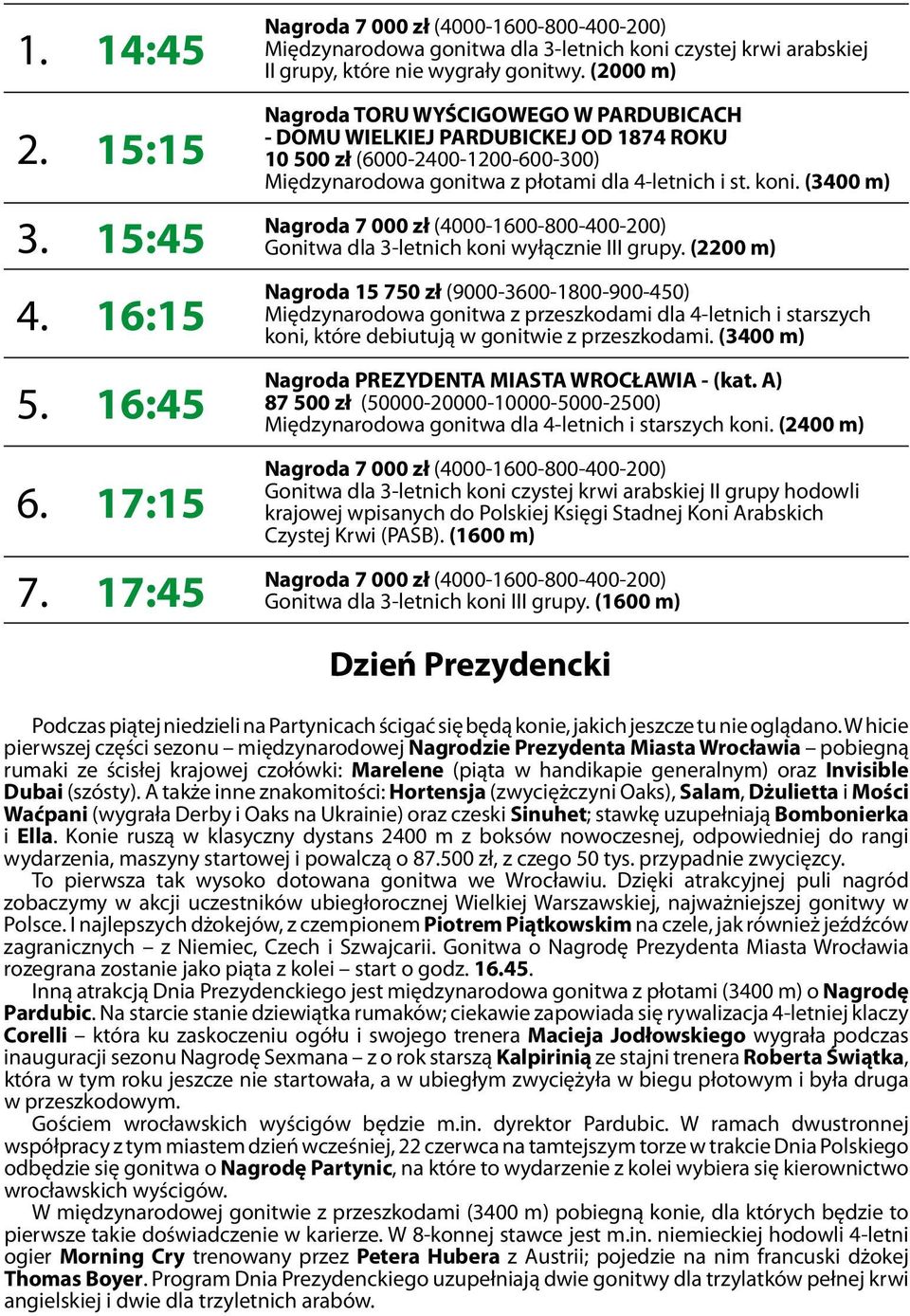 (2000 m) Nagroda TORU WYŚCIGOWEGO W PARDUBICACH - DOMU WIELKIEJ PARDUBICKEJ OD 1874 ROKU 10 500 zł (6000-2400-1200-600-300) Międzynarodowa gonitwa z płotami dla 4-letnich i st. koni.
