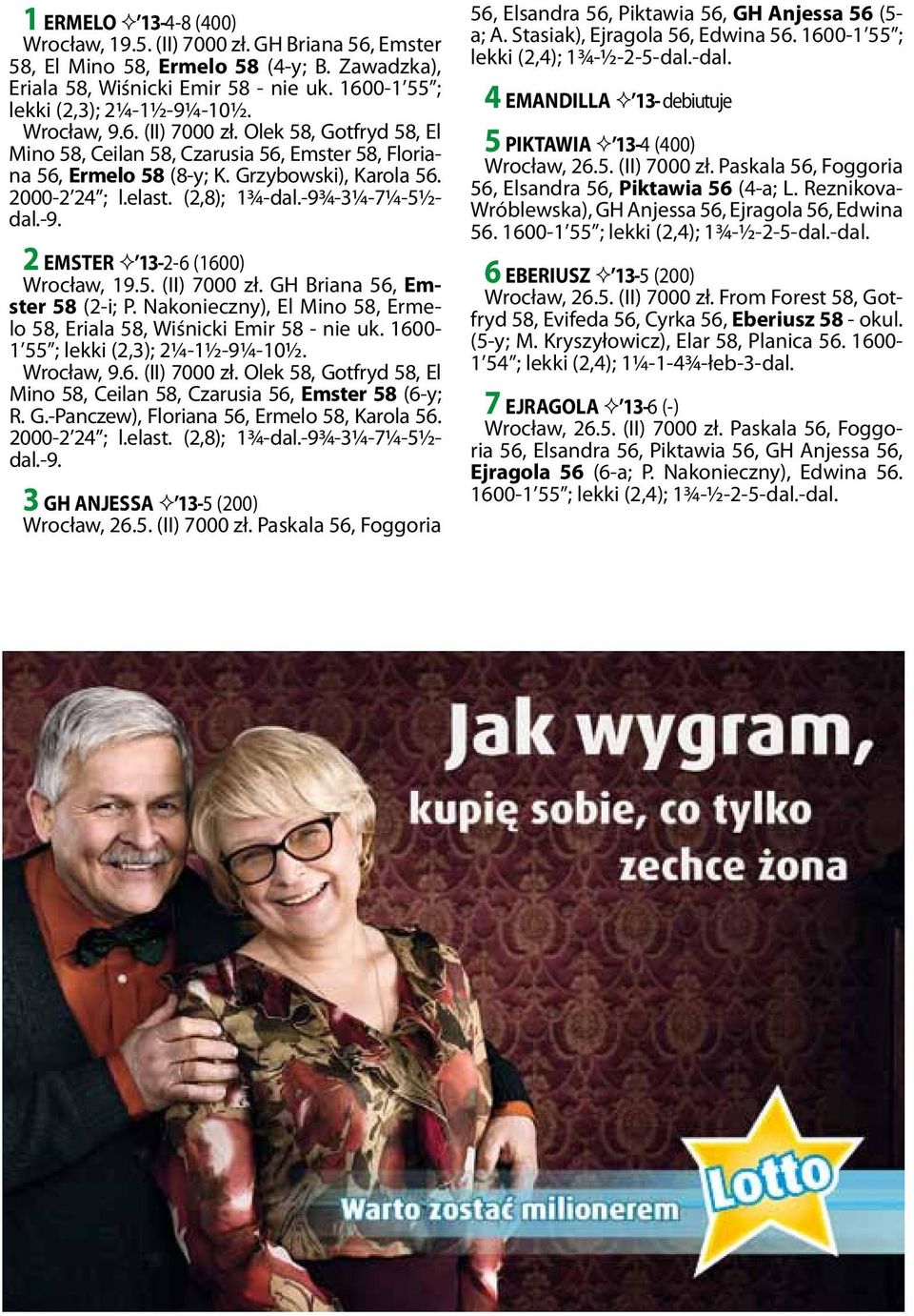Grzy bow ski), Ka ro la 56. 2000-2 24 ; l.elast. (2,8); 1¾-dal.-9¾-3¼-7¼-5½dal.-9. 2 EMSTER 13-2-6 (1600) Wro cław, 19.5. (II) 7000 zł. GH Bria na 56, Emster 58 (2-i; P.