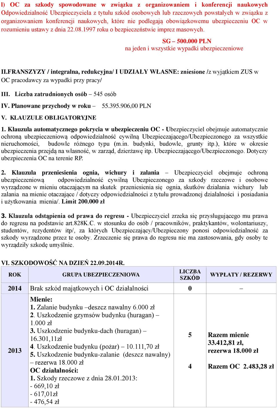FRANSZYZY / integralna, redukcyjna/ I UDZIAŁY WŁASNE: zniesione /z wyjątkiem ZUS w OC pracodawcy za wypadki przy pracy/ III. Liczba zatrudnionych osób 545 osób IV. Planowane przychody w roku V.