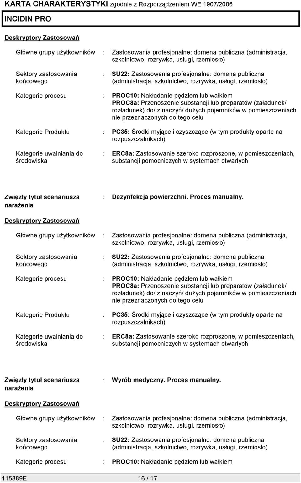 preparatów (załadunek/ rozładunek) do/ z naczyń/ dużych pojemników w pomieszczeniach nie przeznaczonych do tego celu Kategorie Produktu : PC35: Środki myjące i czyszczące (w tym produkty oparte na