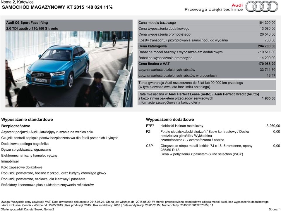 780,00 Cena katalogowa 204 700,00 Rabat na model bazowy z wyposażeniem dodatkowym - 19 511,80 Rabat na wyposażenie promocyjne - 14 200,00 Cena finalna z VAT 170 988,20 Łączna wartość udzielonych