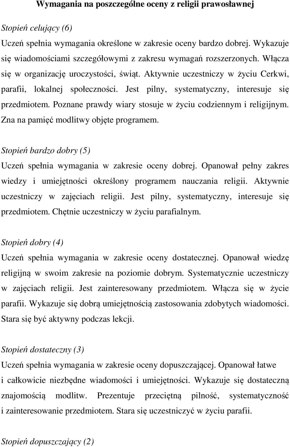 Jest pilny, systematyczny, interesuje się przedmiotem. Poznane prawdy wiary stosuje w życiu codziennym i religijnym. Zna na pamięć modlitwy objęte programem.