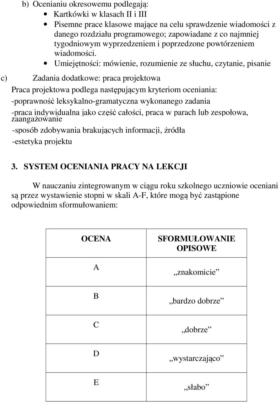 Umiejętności: mówienie, rozumienie ze słuchu, czytanie, pisanie c) Zadania dodatkowe: praca projektowa Praca projektowa podlega następującym kryteriom oceniania: -poprawność leksykalno-gramatyczna