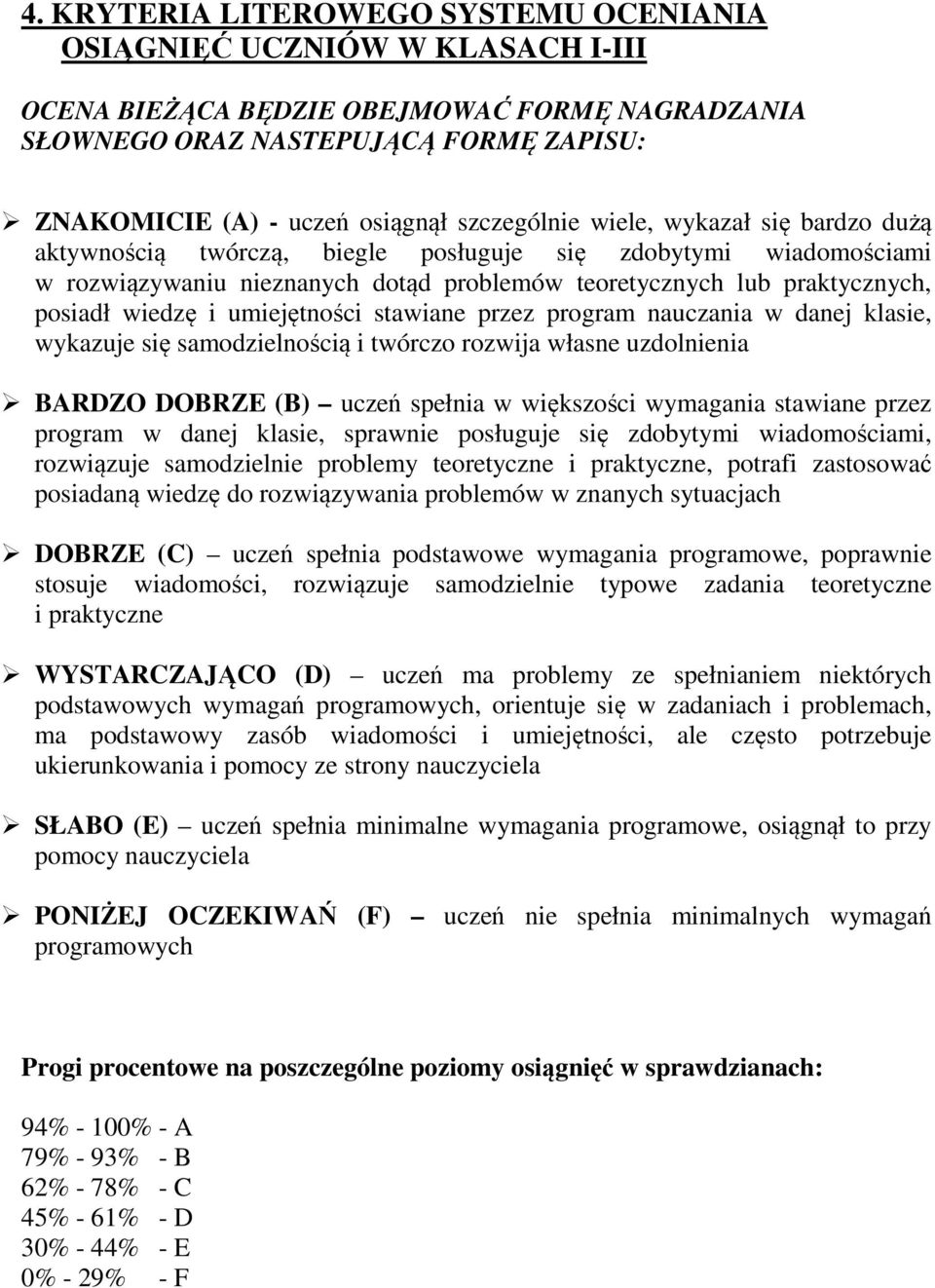 i umiejętności stawiane przez program nauczania w danej klasie, wykazuje się samodzielnością i twórczo rozwija własne uzdolnienia BARDZO DOBRZE (B) uczeń spełnia w większości wymagania stawiane przez