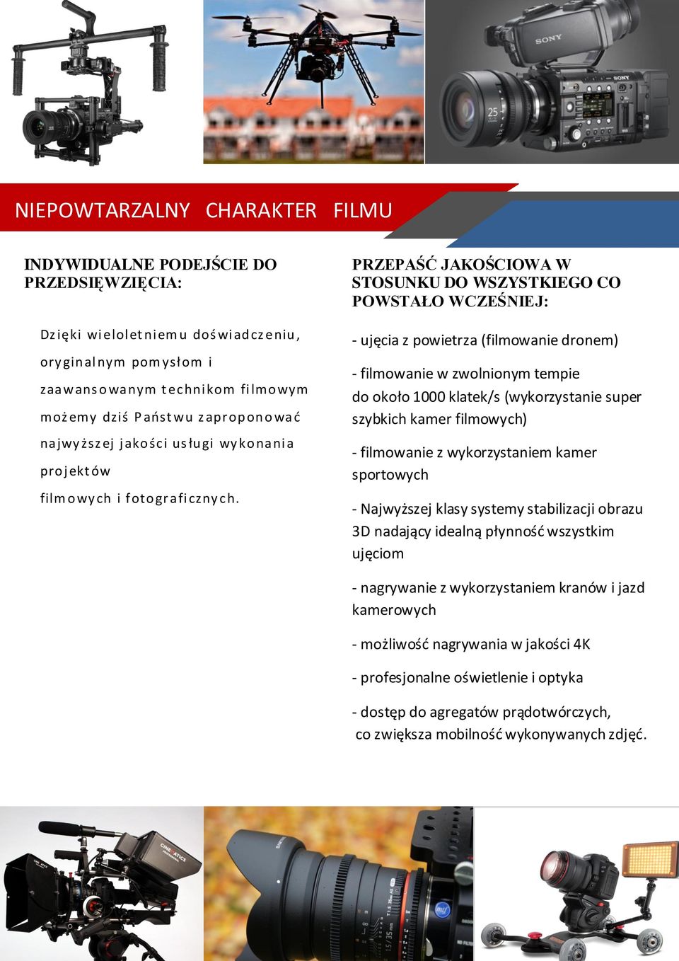 PRZEPAŚĆ JAKOŚCIOWA W STOSUNKU DO WSZYSTKIEGO CO POWSTAŁO WCZEŚNIEJ: - ujęcia z powietrza (filmowanie dronem) - filmowanie w zwolnionym tempie do około 1000 klatek/s (wykorzystanie super szybkich