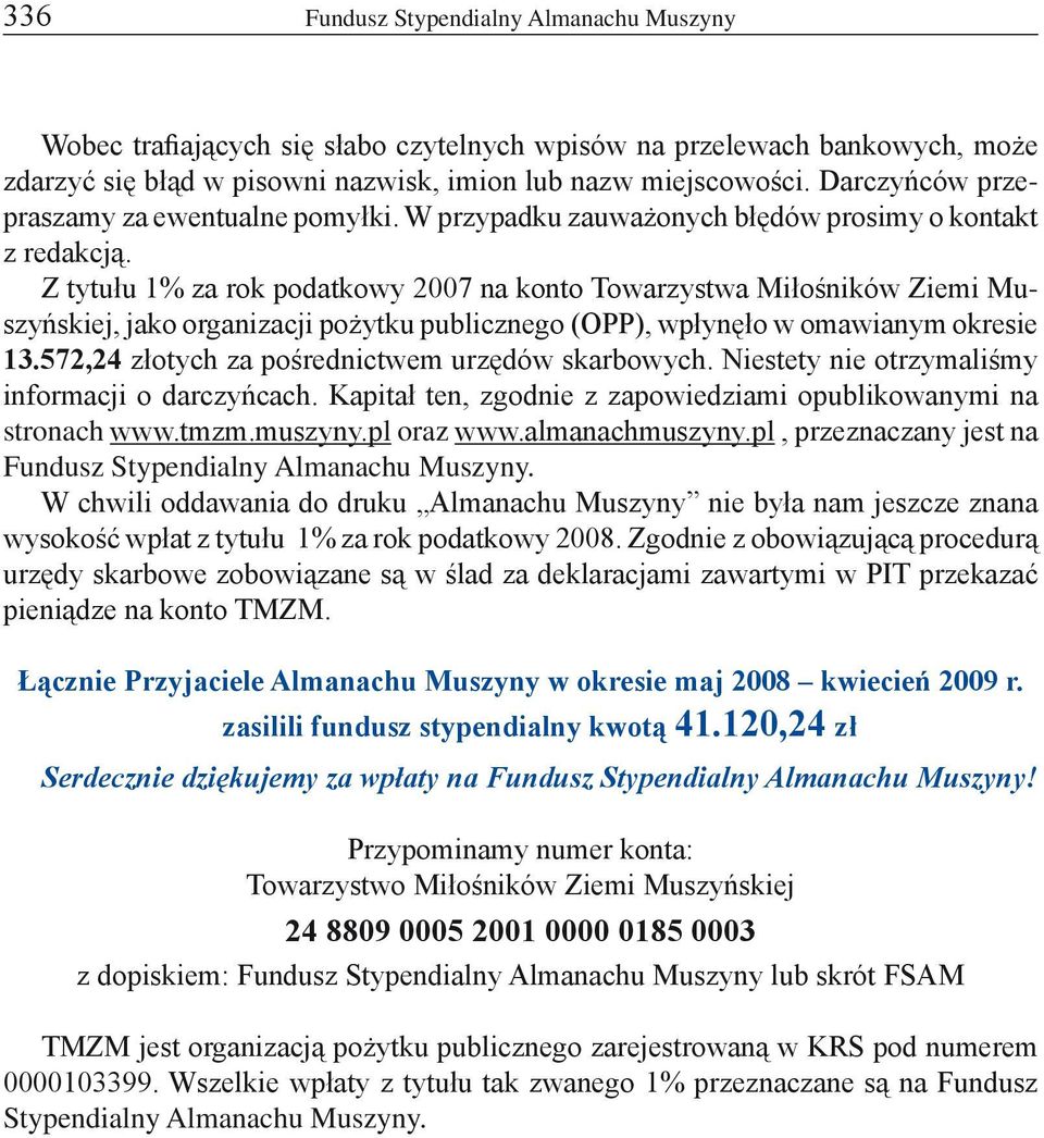 Z tytułu 1% za rok podatkowy 2007 na konto Towarzystwa Miłośników Ziemi Muszyńskiej, jako organizacji pożytku publicznego (OPP), wpłynęło w omawianym okresie 13.