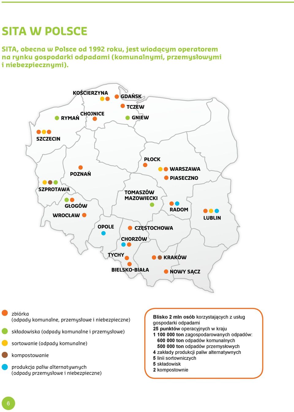 alternatywnych (odpady przemysłowe i niebezpieczne) Blisko 2 mln osób korzystających z usług gospodarki odpadami 25 punktów operacyjnych w kraju 1 100 000 ton