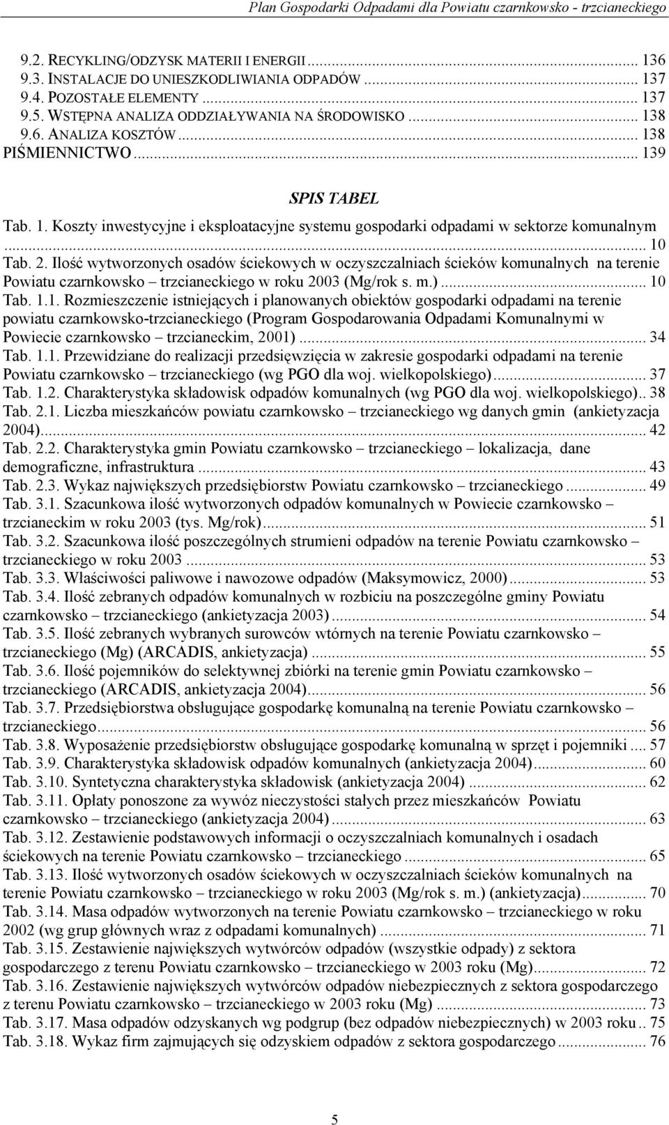 Ilość wytworzonych osadów ściekowych w oczyszczalniach ścieków komunalnych na terenie Powiatu czarnkowsko trzcianeckiego w roku 2003 (Mg/rok s. m.)... 10