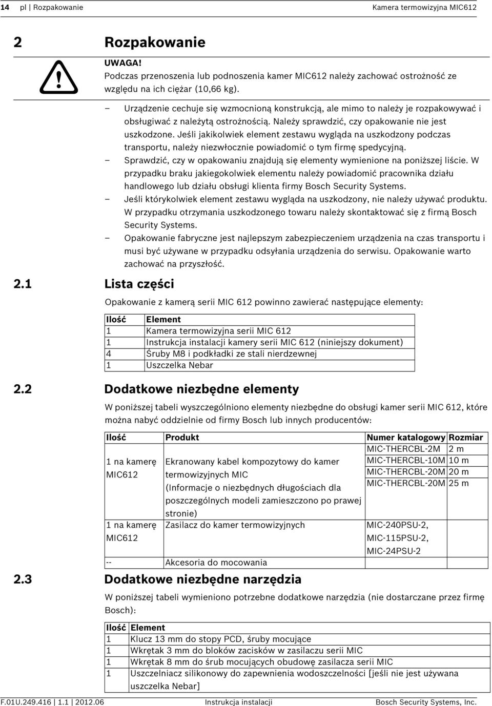 Jeśli jakikolwiek element zestawu wygląda na uszkodzony podczas transportu, należy niezwłocznie powiadomić o tym firmę spedycyjną.