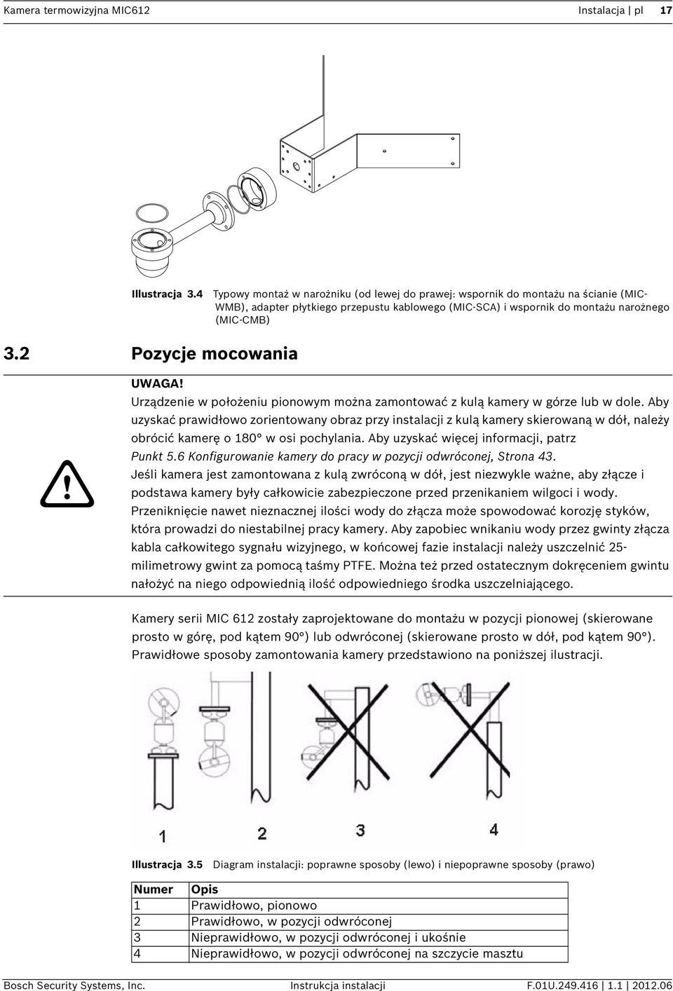 2 Pozycje mocowania Urządzenie w położeniu pionowym można zamontować z kulą kamery w górze lub w dole.