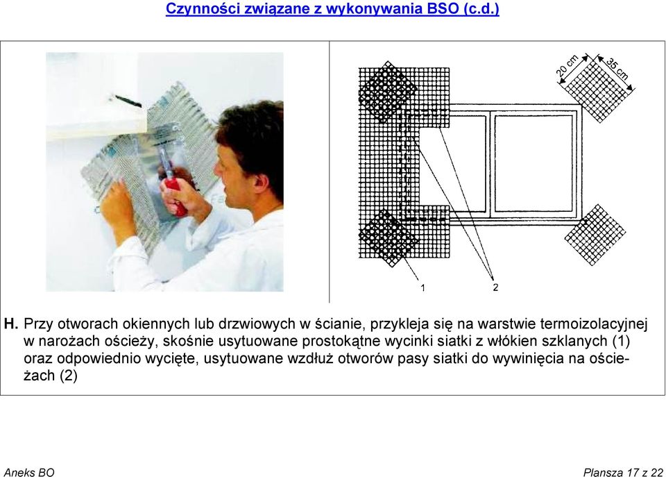 termoizolacyjnej w narożach ościeży, skośnie usytuowane prostokątne wycinki siatki z