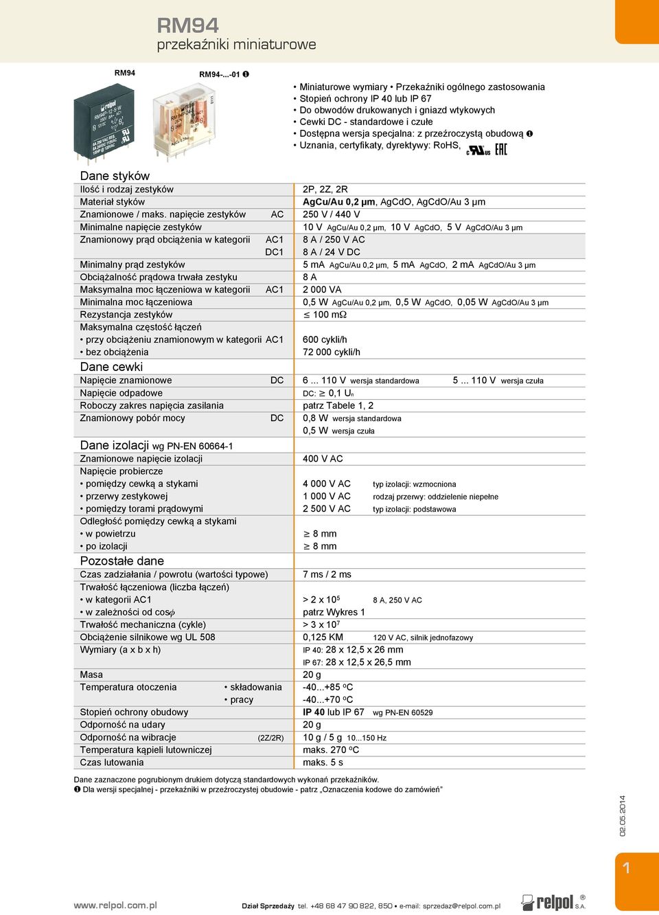 Uznania, certyfikaty, dyrektywy: RoHS, Dane styków Znamionowe / maks.