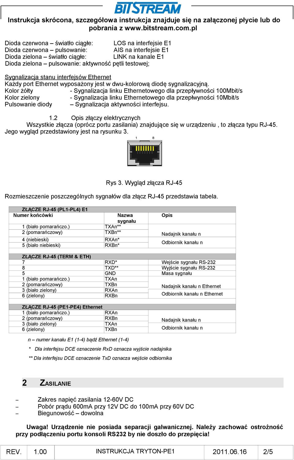 Kolor żółty - Sygnalizacja linku Ethernetowego dla przepływności 100Mbit/s Kolor zielony - Sygnalizacja linku Ethernetowego dla przepłwyności 10Mbit/s Pulsowanie diody Sygnalizacja aktywności