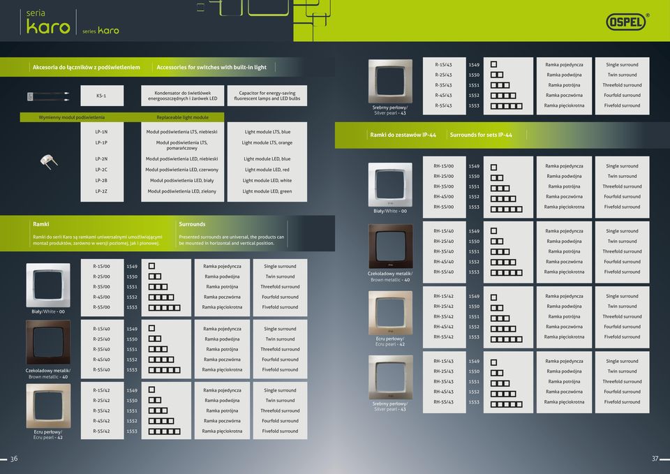 bulbs Srebrny perłowy/ Silver pearl - 43 R-4S/43 R-5S/43 1552 1553 Ramka poczwórna Ramka pięciokrotna Fourfold surround Fivefold surround LP-1N LP-1P Moduł podświetlenia LTS, niebieski Moduł