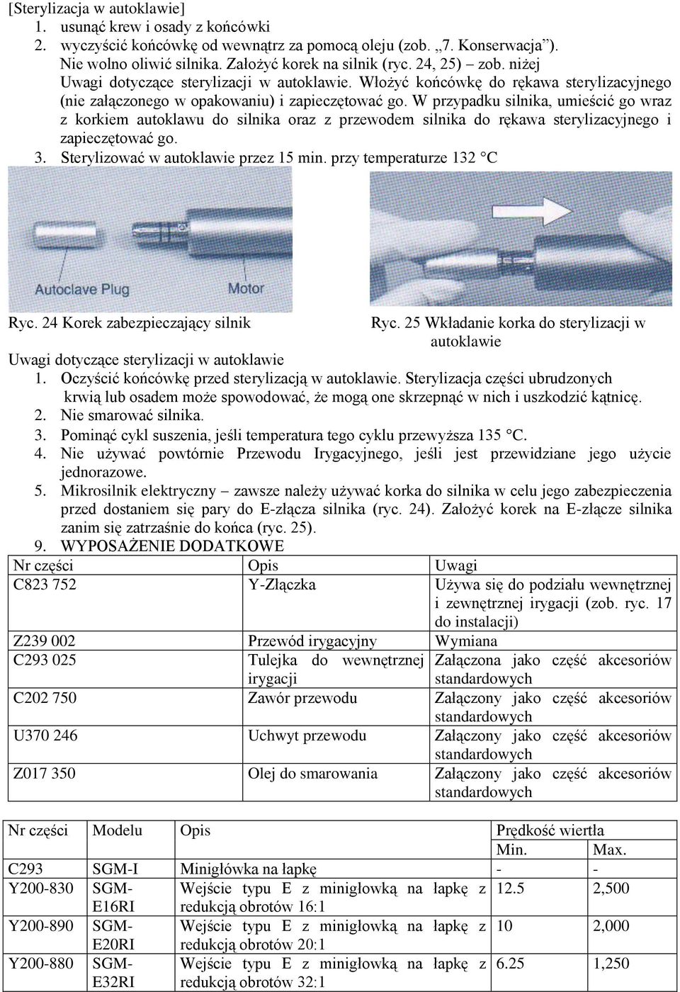 W przypadku silnika, umieścić go wraz z korkiem autoklawu do silnika oraz z przewodem silnika do rękawa sterylizacyjnego i zapieczętować go. 3. Sterylizować w autoklawie przez 15 min.