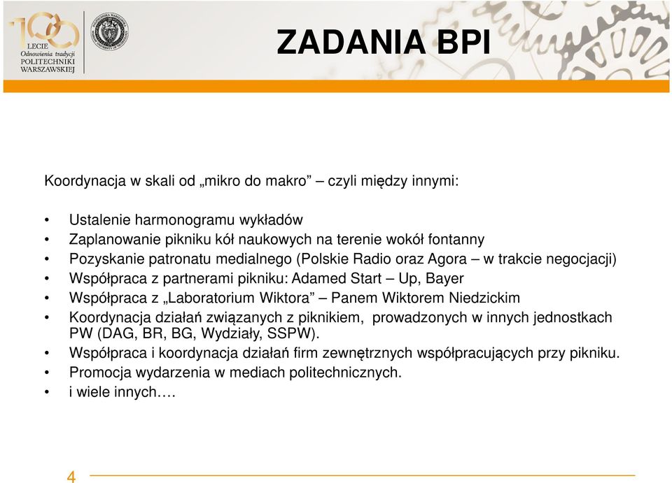 Współpraca z Laboratorium Wiktora Panem Wiktorem Niedzickim Koordynacja działań związanych z piknikiem, prowadzonych w innych jednostkach PW (DAG, BR, BG,