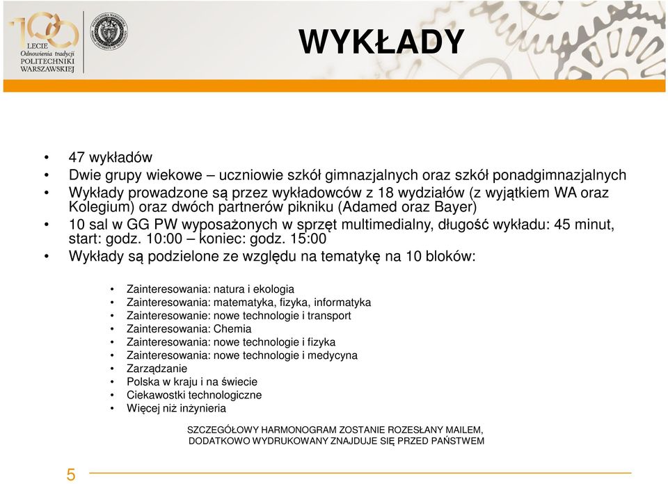 15:00 Wykłady są podzielone ze względu na tematykę na 10 bloków: Zainteresowania: natura i ekologia Zainteresowania: matematyka, fizyka, informatyka Zainteresowanie: nowe technologie i transport